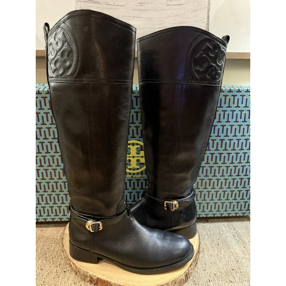 Tory Burch Marlene Black Leather Full‎ Zip Knee High Riding Boots Buckle 8 550$